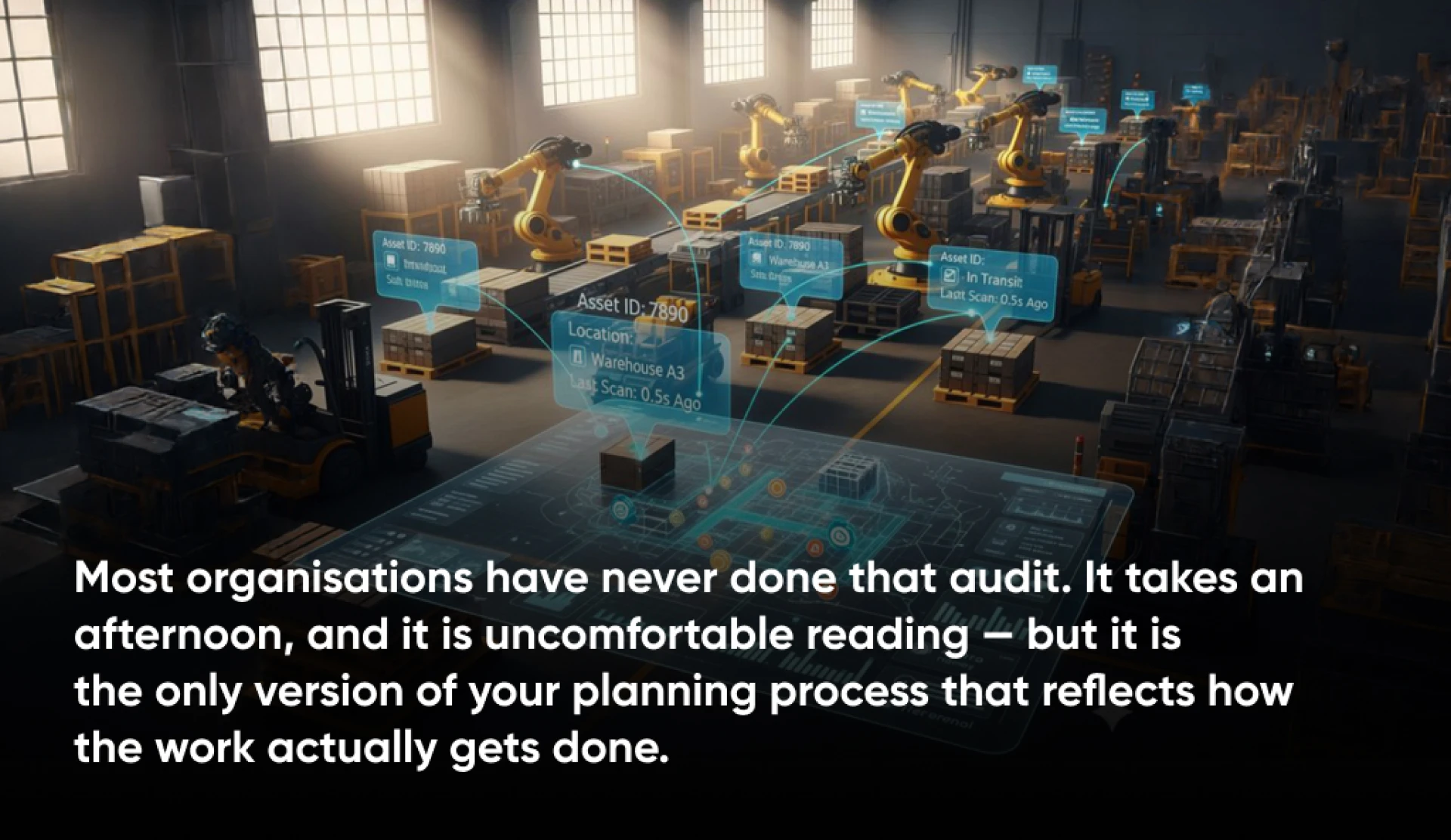 Factory floor with robots and real‑time tracking.